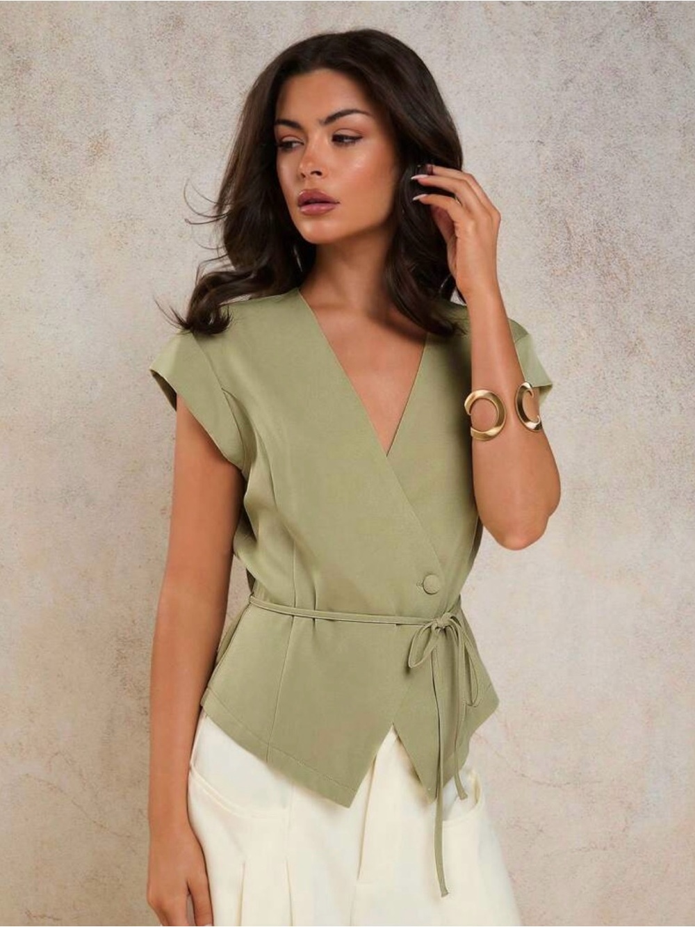 Olive Wrap Blouse with Tie Waist